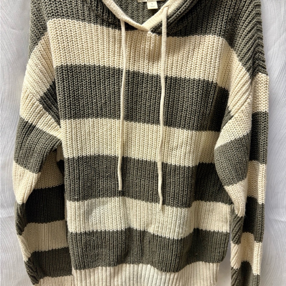 Style & Co Striped Knit Hoodie Sweater L Olive Cream Chunky Rib Coastal Fall